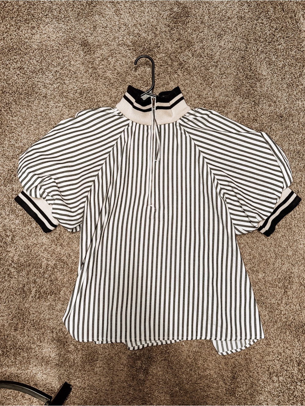 Striped Puff Sleeve Mock Neck Top